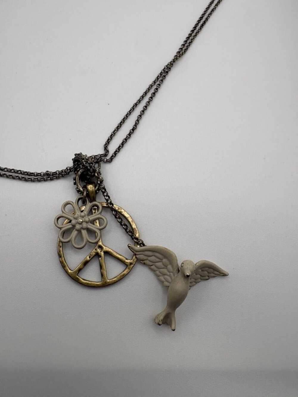 Lucky Brand Bird Flower Peace Long Charm Pendant Necklace Silver Tone Boho - Picture 5 of 5